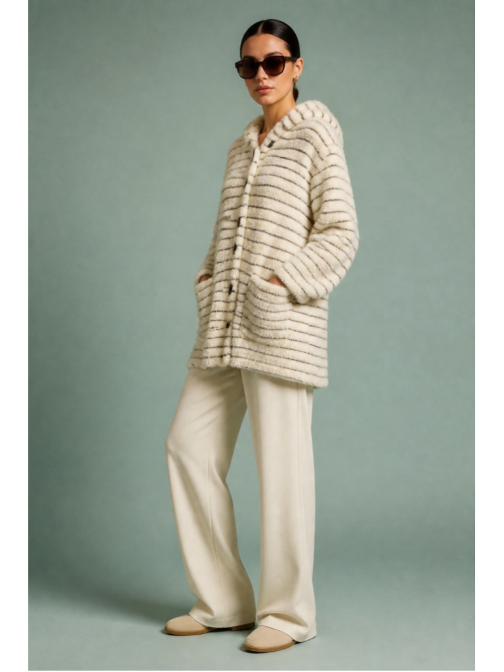 PJ Salvage NWT Cozy Striped Plush Hooded Cardigan Jacket Robe M Ivory Gray